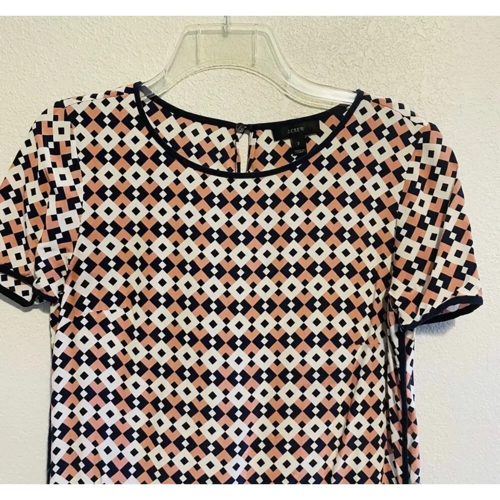 J. Crew Navy and Blush Geometric Pattern Silk Blouse Size 2
